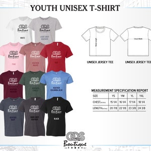May include: Youth unisex t-shirt size chart with measurement specifications in inches. The chart shows different colors of t-shirts, including white, light grey heather, pink, heather mauve, red, heather maroon, heather forest, heather columbia blue, heather navy, dark grey heather, and black.