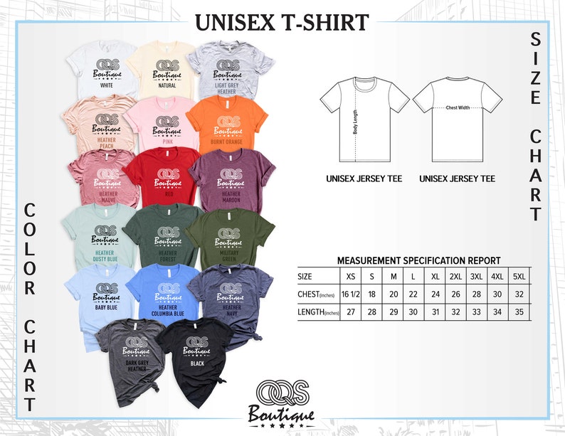 Pu&ograve; includere: Esposizione di t-shirt unisex in vari colori, tra cui bianco, nero e blu. Le magliette presentano un logo e sono accompagnate da una tabella delle taglie con misure di petto e lunghezza in centimetri. Il testo "UNISEX T-SHIRT" &egrave; in alto.