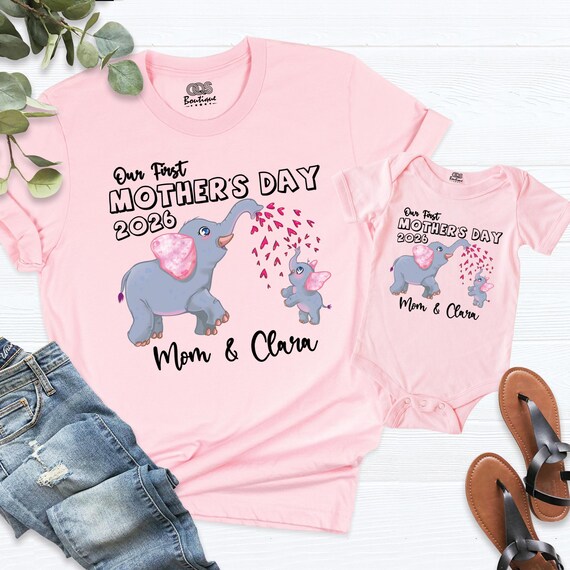 Our First Mother's Day Shirt, Elephant Mommy And Me Shirt, First Mothers Day Gift, Matching Mom And Baby Shirts, Custom Name Mothers Day Tee