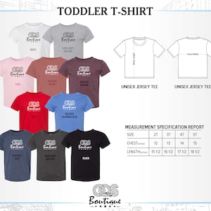 May include: Toddler t-shirt size chart with measurement specifications in inches. The chart shows the size, chest measurement, and length in inches for sizes 2T, 3T, 4T, and 5T. The chart is labeled "Measurement Specification Report".
