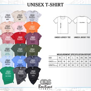 May include: Unisex t-shirt color chart with 15 different color options. The chart shows the color names and a sample of each color. The size chart shows the chest and length measurements in inches for sizes XS to 5XL.