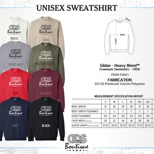 May include: Unisex sweatshirt color chart with 10 different color options. The chart shows the sweatshirt in white, sand, sport grey, military green, red, maroon, navy, black, and two other colors. The chart also includes a size chart with measurements in inches for body length, body length tolerance, chest tolerance, chest width, and sleeve length.