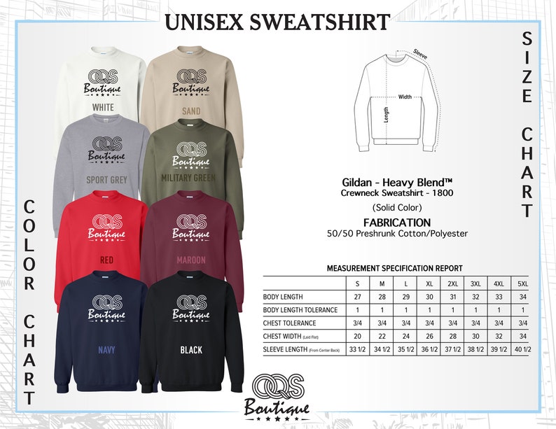 May include: Unisex sweatshirt color chart with 10 different color options. The chart shows the sweatshirt in white, sand, sport grey, military green, red, maroon, navy, black, and two other colors. The chart also includes a size chart with measurements in inches for body length, body length tolerance, chest tolerance, chest width, and sleeve length.