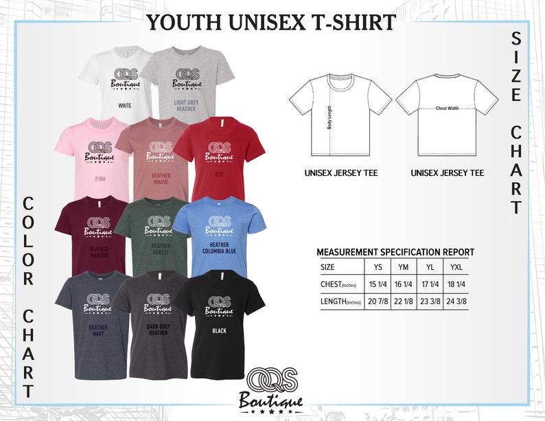 Puede incluir: Tabla de colores de camiseta unisex para ni&ntilde;os con 10 opciones de colores diferentes. La tabla muestra la parte delantera y trasera de una camiseta de punto unisex. La tabla de tallas muestra las medidas en pulgadas para el pecho y la longitud para las tallas YS, YM, YL y YXL.