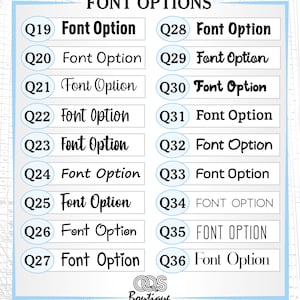 May include: A chart with 18 different font options labeled Q19 through Q36. Each font option is displayed in a white circle with a black outline. The chart is titled "FONT OPTIONS".