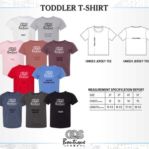 May include: A selection of toddler t-shirts in various colors, including white, pink, red, and black. Each shirt features a logo and is displayed with a size chart showing chest and length measurements in inches.