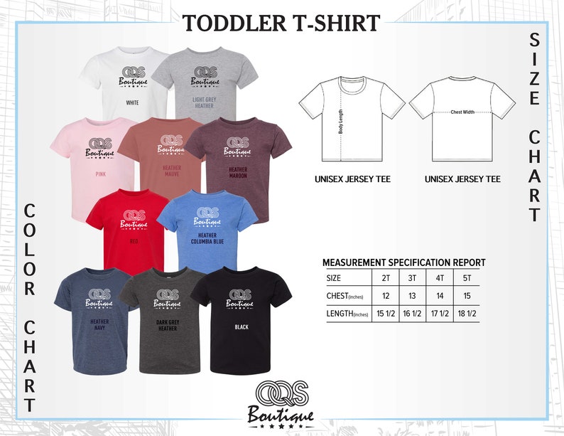 May include: A selection of toddler t-shirts in various colors, including white, pink, red, and black. Each shirt features a logo and is displayed with a size chart showing chest and length measurements in inches.