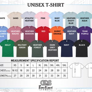 The image is a color chart and measurement specification report for a unisex t-shirt. It displays various color options and corresponding measurements for the t-shirt sizes, including chest, waist, and length.