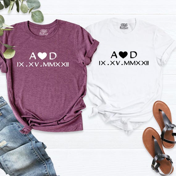 Custom Couple Shirt Roman Numeral Date Tee, Matching Anniversary Shirts, Personalized Couples Tee, His and Hers Shirt, Custom Initials Shirt