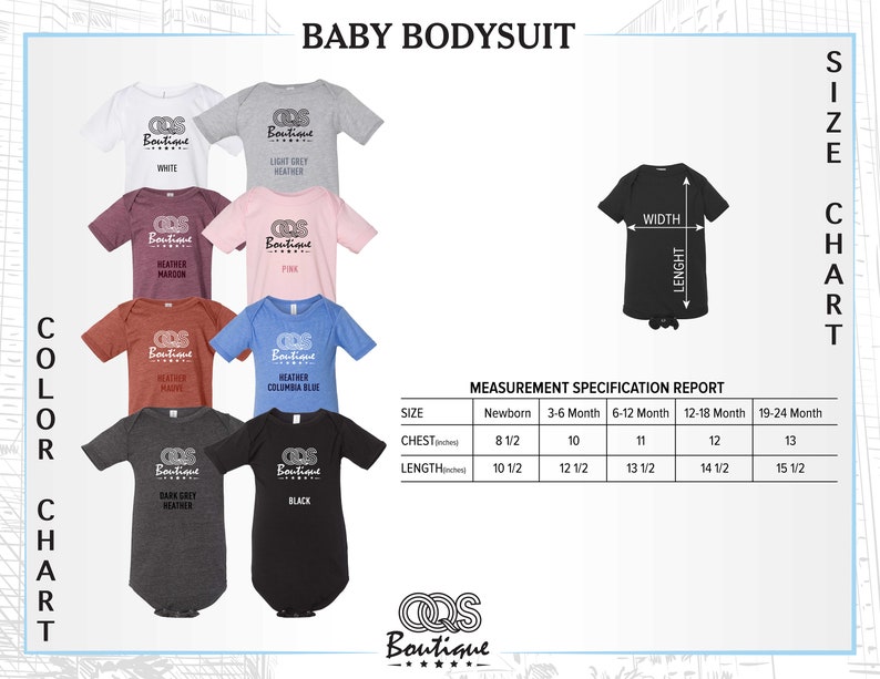 Pu&ograve; includere: Una collezione di body per neonati in vari colori, tra cui bianco, grigio, rosa, bordeaux, arancione, blu, grigio scuro e nero. Ogni body presenta il logo "QOS Boutique". Una tabella taglie mostra le misure in cm per diverse fasce d'et&agrave;.