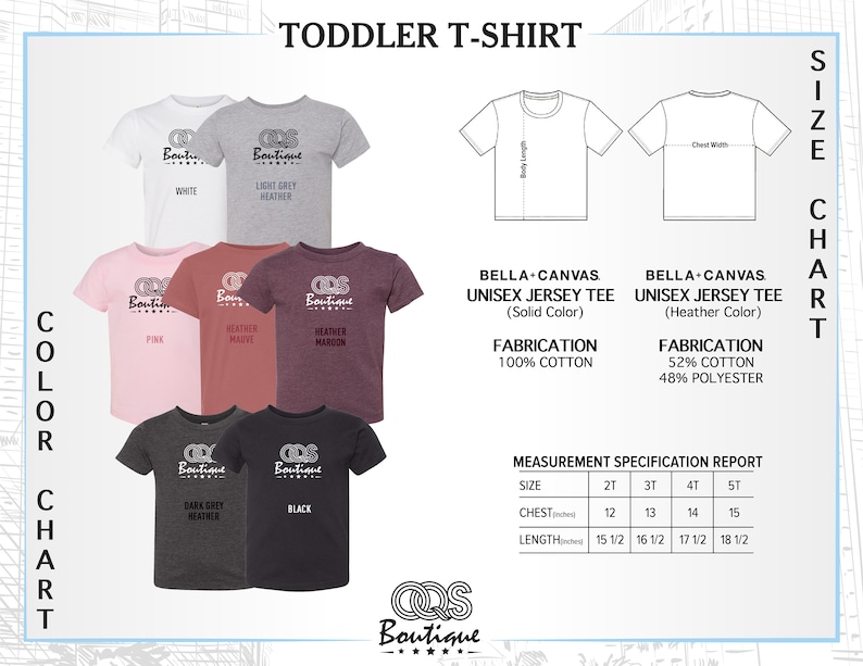 May include: Toddler T-shirt size chart with color options. The chart shows a variety of colors including white, light grey heather, pink, heather mauve, heather maroon, dark grey heather, and black. The chart also includes a measurement specification report with sizes 2T, 3T, 4T, and 5T. The chart shows the chest and length measurements in inches.