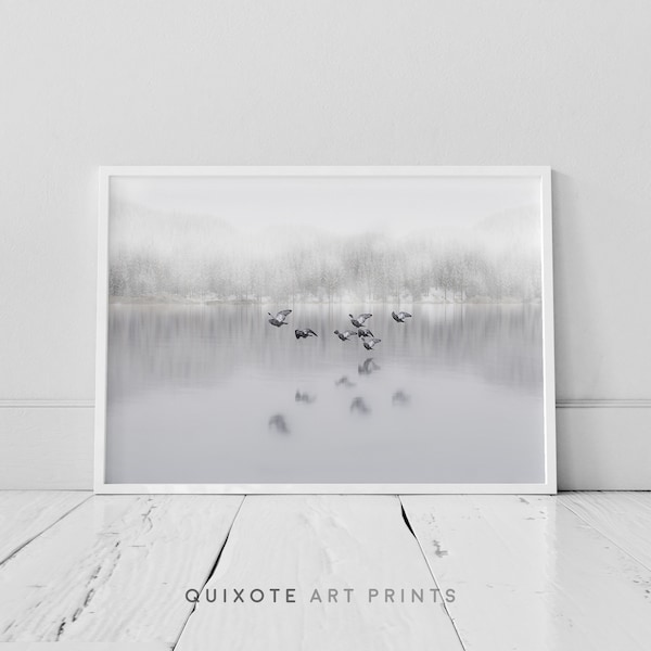 Flock of birds, birds printing, flying bird  art, animal print, reflection poster, fog photography, lake wall art, reflection poster