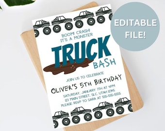 Monster Truck Birthday Invitation Template **Editable File**