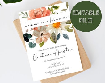 Baby in Bloom Floral Baby Shower Invitation Template **Editable File**