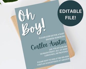 Oh Boy Baby Shower Invitation **Editable File**