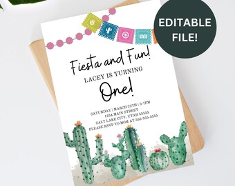 May include: A white invitation with the text "Fiesta and Fun!" and "Lacey is turning One!" features watercolor cacti and colorful banner decorations. The invitation includes event details and the words "Editable File!"