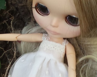 BLYTHE DOLL CLOTHES - handmade for Blythe by Angels Adorned.  Gold trimmed butterfly lace sundress with crocheted bolero