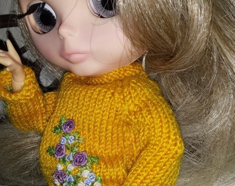 BLYTHE DOLL CLOTHES - 2 piece combo.  Warm winter tones for these tartan pants and embroidered jumper for Blythe - created by Angels Adorned