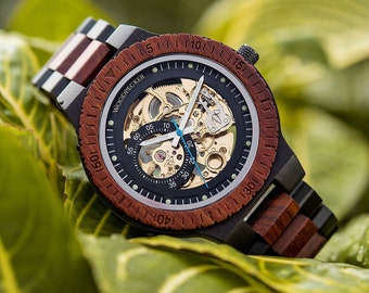 Gravierte Holzuhr | Automatikuhr für Herren, Holzuhr, personalisierte Uhr | Gravierte Uhr, personalisiertes Jubiläumsgeschenk für ihn