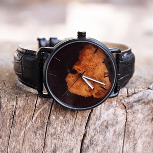 Gegraveerd houten horloge met leren band |  Gegraveerd horloge, minimalistische horloges voor mannen, gepersonaliseerd jubileumcadeau voor hem, verjaardagscadeau
