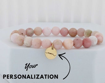Pulsera de ópalo rosa personalizada, pulsera grabada, pulsera personalizada, pulsera de cristal / pulseras de cuentas para mujer, regalos de San Valentín para ella