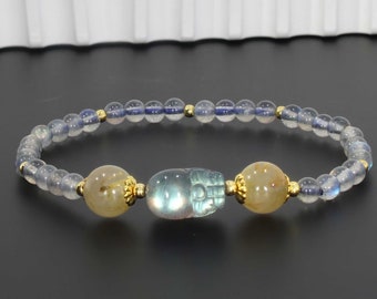 Pulsera Labradorita con Cuarzo Rutilado y Pixiu, Pulsera Protección Pulsera Piedra Luna, Pulsera Fuerza, Pulsera Cristal