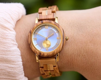 Relógio feminino de madeira personalizado com mostrador azul e gravação personalizada – caixa de presente de madeira incluída