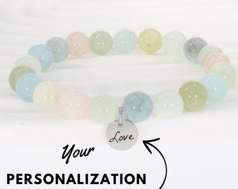 Pulsera de morganita personalizada, pulsera de cristal, pulseras personalizadas para mujer, pulsera personalizada, joyería de verano, pulsera grabada