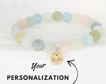 Pulsera personalizada de morganita, pulsera de cristal, pulseras personalizadas para mujer, pulsera personalizada, joyería hecha a mano, pulsera grabada