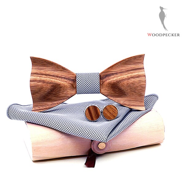 Holz Fliege mit Manschettenknöpfen & Taschentuch | | Bowtie für Hochzeiten oder weiße Krawatte Gelegenheiten | Handgefertigte Fliege aus Holz | Großes Geschenk