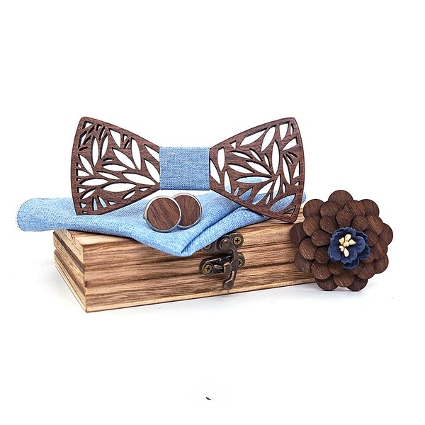 Holz Fliege mit Manschettenknöpfen, Taschentuch & Corsage | Holz Bowtie Gala-Set, perfekt für Hochzeit oder ein Vatertagsgeschenk! | Aus Holz