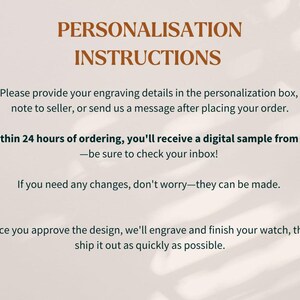 May include: Text on a cream-colored background reads "PERSONALISATION INSTRUCTIONS." It provides instructions for engraving details, digital samples, and design approval. The text is in a brown font.