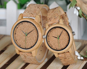 Montres en bois gravées Montre en bois pour les femmes (fr) Montre en bois pour les hommes ( Montres en liège personnalisées (fr) Cadeau pour la montre de couples d’anniversaire