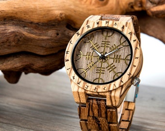 Montre en bois gravé | Montre Viking | Montre gravée | Montre en bois | Cadeaux fête des pères | Montre Vegvisir | Heaume de crainte | Aegishjalmur