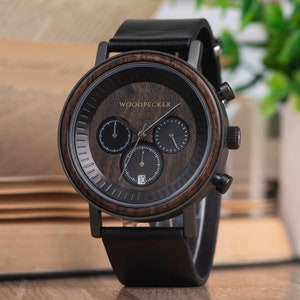 Gegraveerd herenhorloge met leren band, houten horloge | Gepersonaliseerde cadeaus voor hem, 1-jarig jubileumcadeau voor hem | Heren horloges