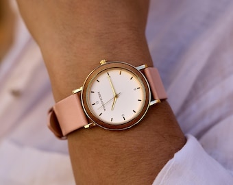 Engraved Olive Wood Watch: Personalized with your message on the back. Leather Band, Gift Box Included