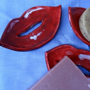 Original handmade ceramic soap dish. Pop bathroom. All different: unique shape and decoration, signed on the back. Mouthwatering.