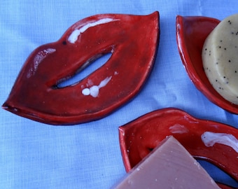 Original handmade ceramic soap dish. Pop bathroom. All different: unique shape and decoration, signed on the back. Mouthwatering.