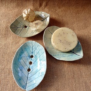 Handmade ceramic soap dish in turquoise leaf, soap plate, bathroom accessory. Ideal unique ceramic gift.