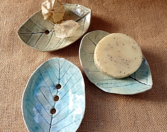 Handmade turquoise leaf ceramic soap dish, soap dish, bathroom accessory. A unique ceramic gift.