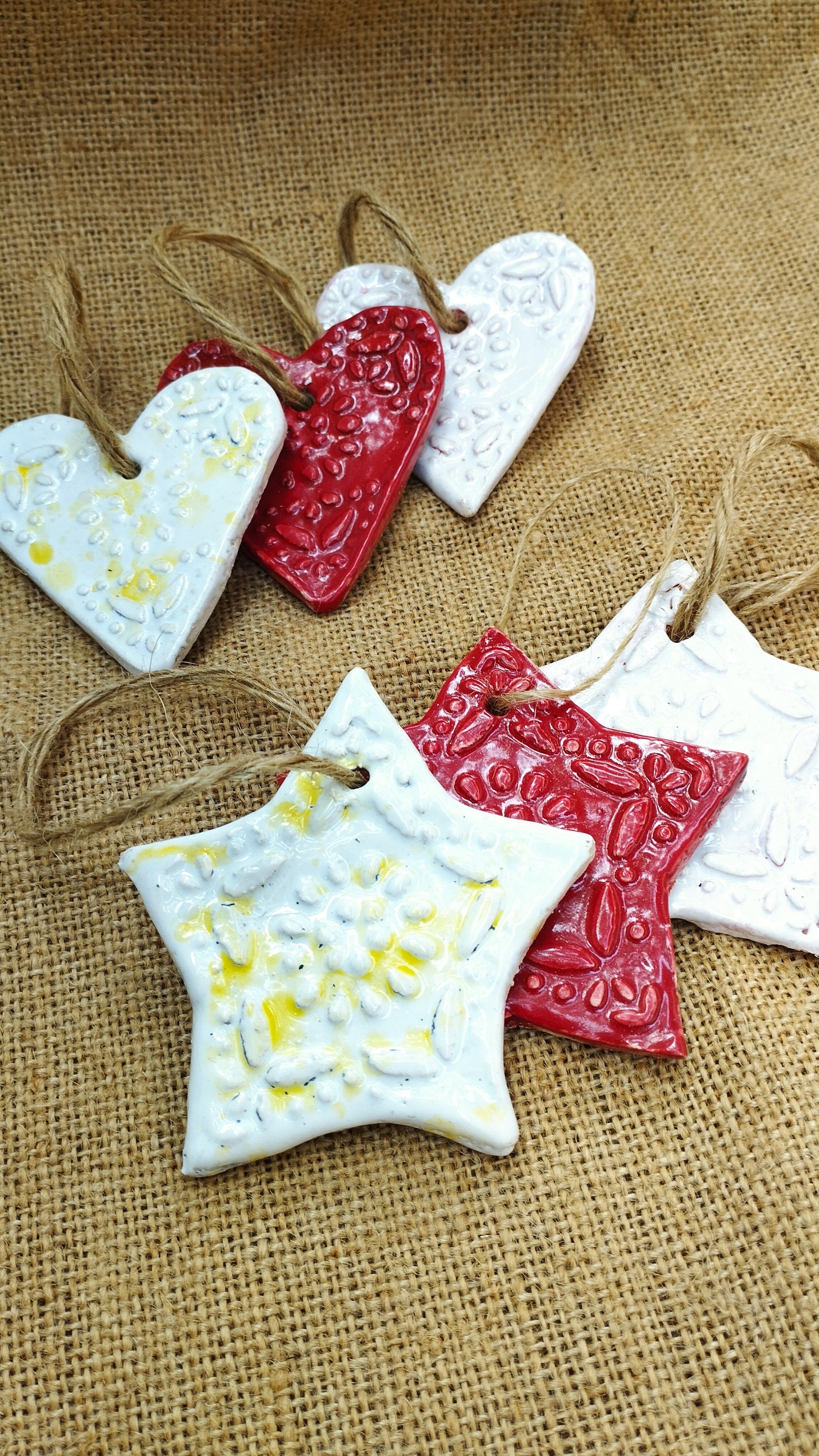 Handmade ceramic heart or star ornament, unique Christmas decorations -handmade ornament- keramik ornament Herz Stern –cuore Stelle Natale