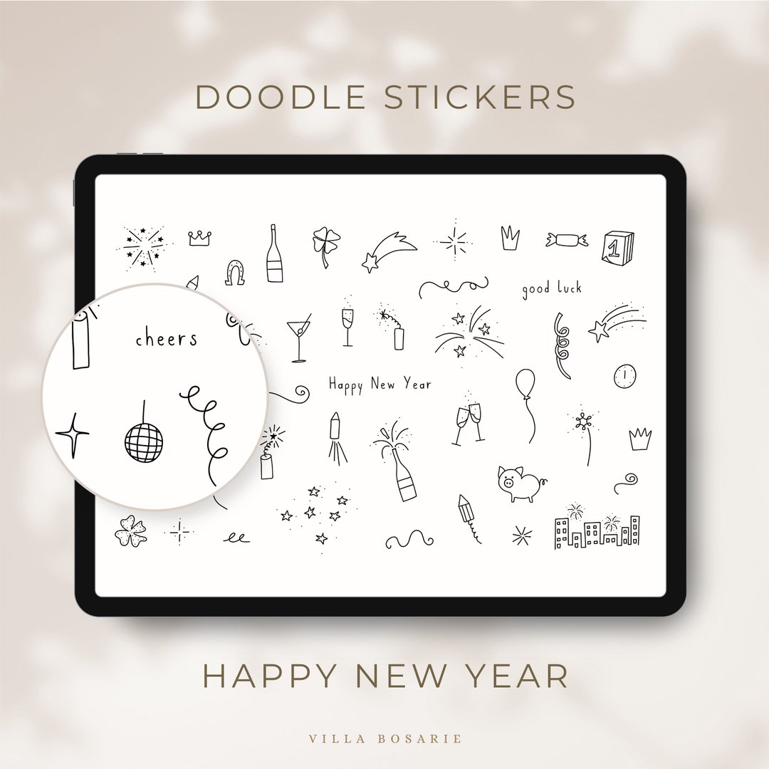 New Year's Eve Digital Stickers: Goodnotes Planner Doodles, Hand-drawn ...