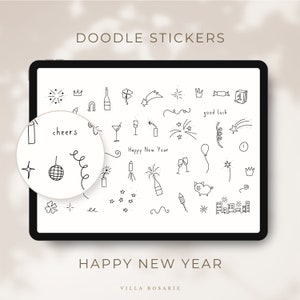 New Year&#39;s Eve Stickers, Digital GoodNotes Stickers, Modern Line Drawings, Cute Doodles for Digital Planner