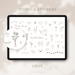 Puede incluir: Una ilustración digital de un conjunto de pegatinas de garabatos con un tema de amor. Las pegatinas incluyen corazones, flores, una paloma, un anillo, una llave, una pareja, una caja de regalo, un corazón roto, un sobre, una nube, un lazo, un tulipán, un diamante, una flecha, un teléfono, una flor, una maceta y las palabras "you & me", "lovelovelove", "I miss you" y "I love you".