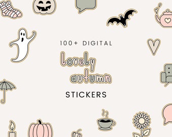 May include: A set of 100+ digital stickers featuring autumn-themed illustrations. The stickers include a ghost, a pumpkin, a bat, a teapot, a heart, an umbrella, a candle, a coffee cup, a sunflower, and a speech bubble. The text "100+ DIGITAL lovely autumn STICKERS" is also included.