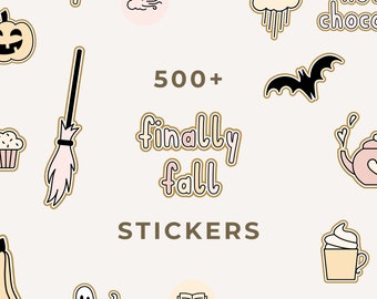 May include: A collection of over 500 fall-themed stickers featuring illustrations of pumpkins, bats, a witch's broom, a ghost, a book, a teapot, a cup of hot chocolate, a cloud with rain, a cozy text, and the text "finally fall".