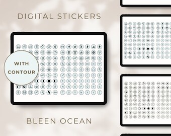 Stickers icônes bleus et verts : modèles d'agendas numériques (PNG, GoodNotes)