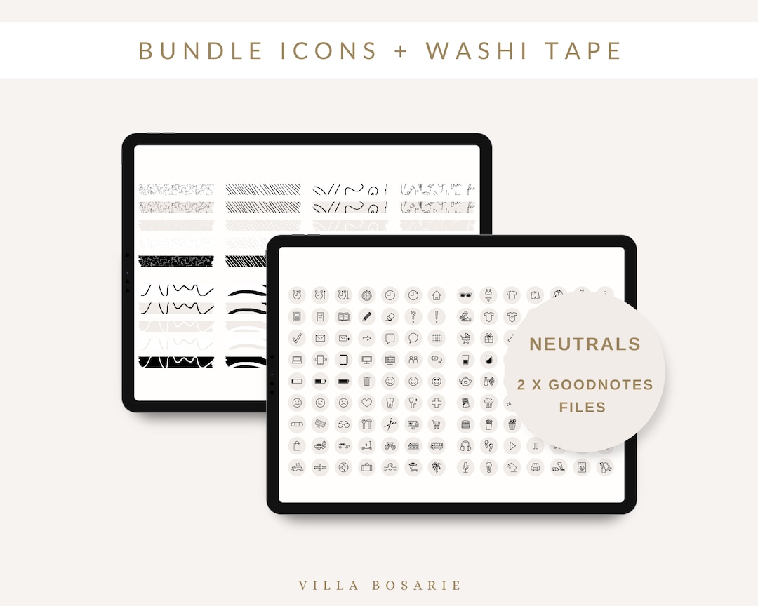 Neutral Digital Sticker Pack: Icons & Washi Tape, Black and White ...