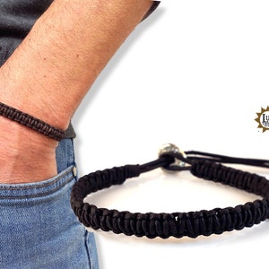 Pulsera hombre en cuero crudo tejido a mano - Ajustable - Marrón oscuro