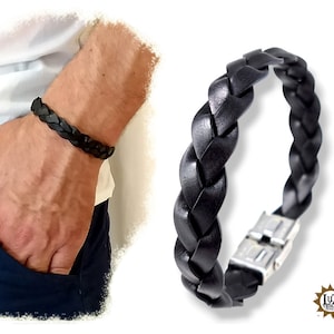 Braided leather men&#39;s bracelet - Black - 3 sizes